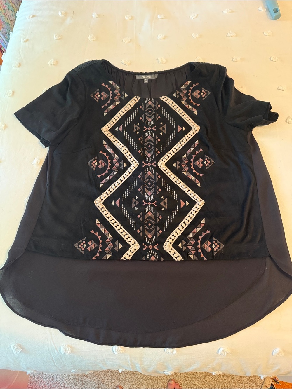 Miss Me Black Embroidered Geometric Short Sleeve Top